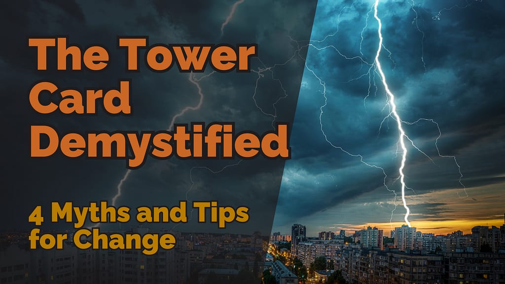 A dramatic city skyline under a stormy sky with a lightning bolt striking, symbolising chaos and transformation, reflecting the Tower card demystified.