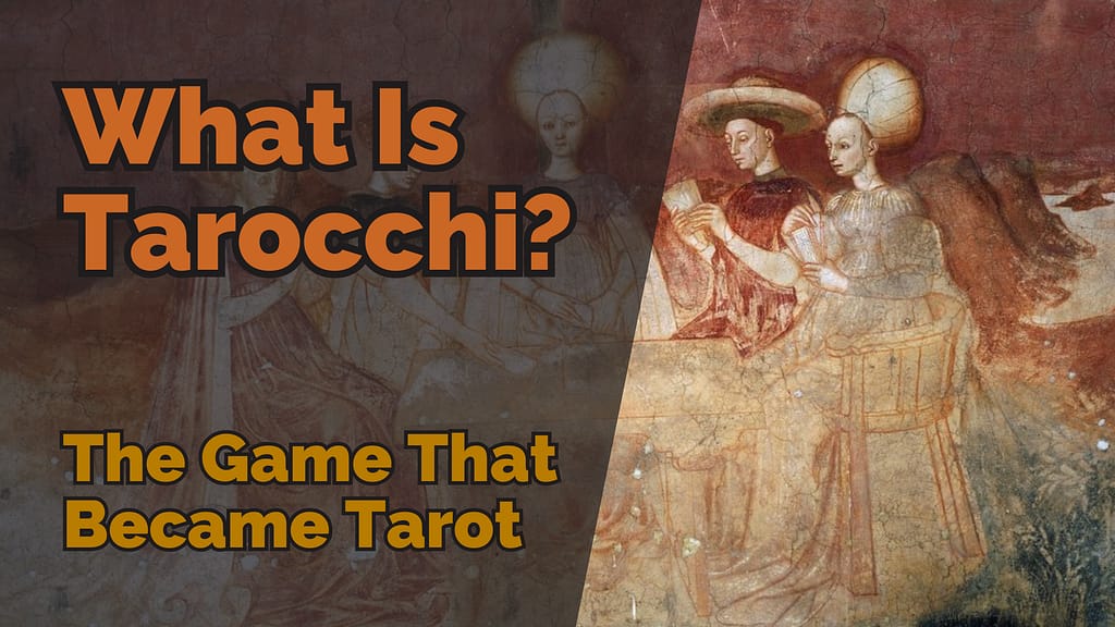 Banner image showing the title &lsquo;What Is Tarocchi? The Game That Became Tarot&rsquo; over a Renaissance-style fresco of elegantly dressed figures seated around a table, appearing to play a card game beneath a red-toned background.