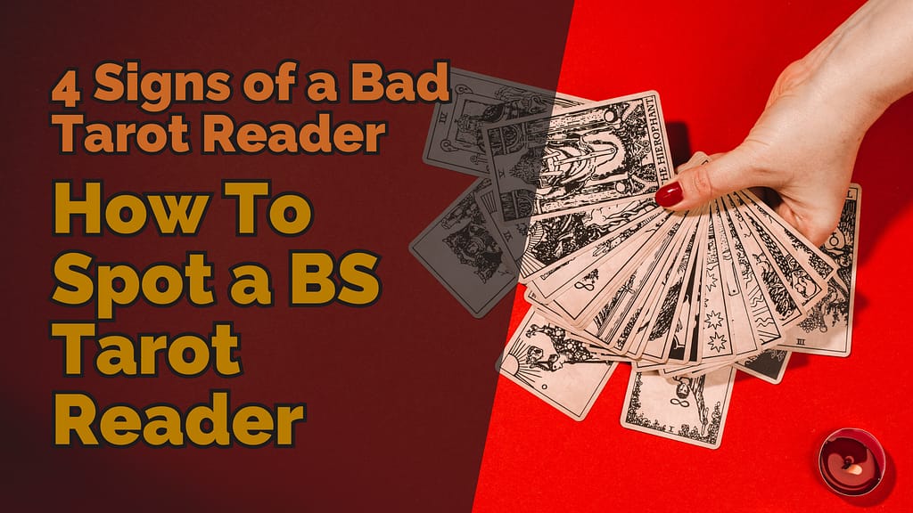 Cover photo showing a hand holding vintage tarot cards on a red background. Used for a post about signs of a bad tarot reader.