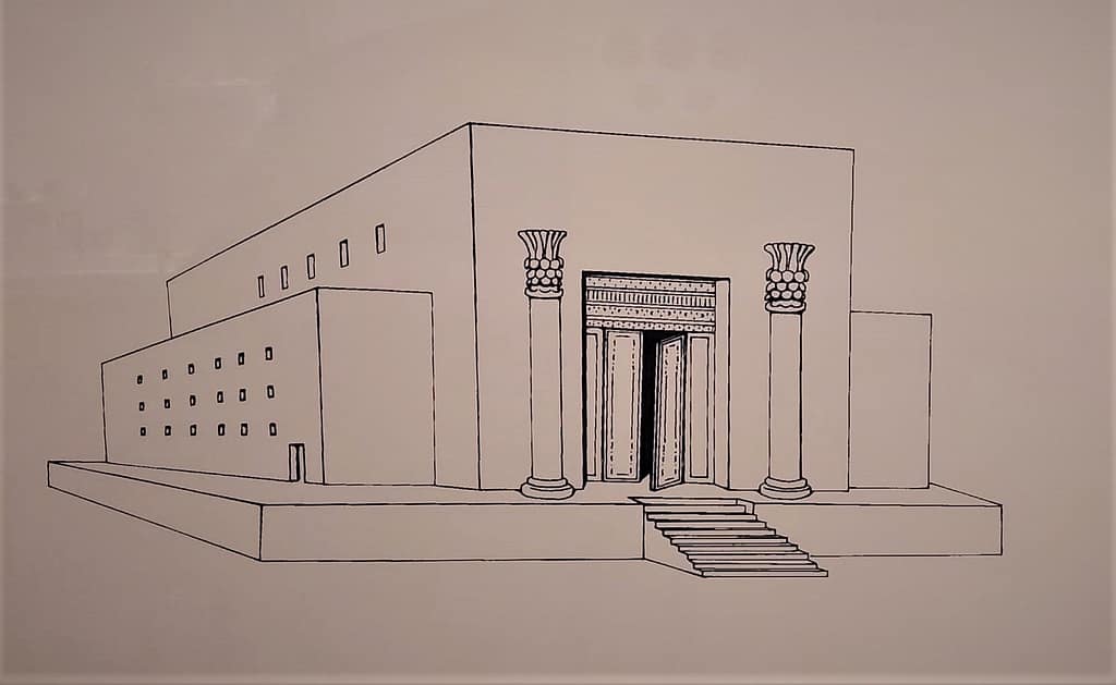 Line drawing of Solomon&rsquo;s Temple with two prominent entrance pillars, Boaz and Jachin, shown flanking an ornate doorway.