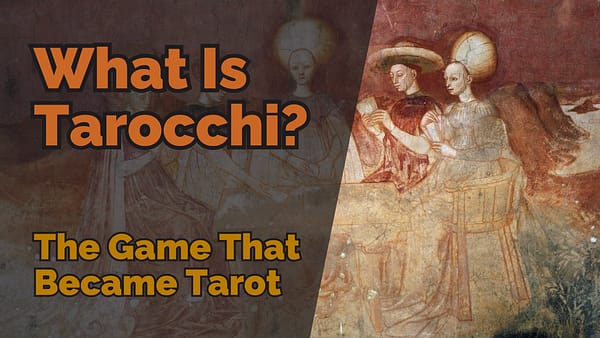 Banner image showing the title ‘What Is Tarocchi? The Game That Became Tarot’ over a Renaissance-style fresco of elegantly dressed figures seated around a table, appearing to play a card game beneath a red-toned background.