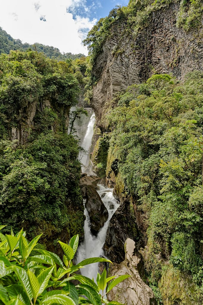 Lush South American rainforest with a powerful waterfall flowing through a rocky gorge, representing the sacred natural origins of ayahuasca ceremonies