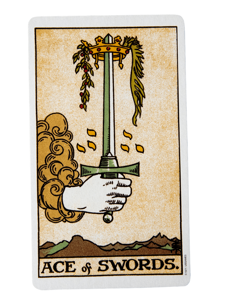 Ace of Swords from the Rider-Waite tarot deck, reflecting the suit of Swords and its meaning in the four tarot suits as connected to thought, truth, and the element of air.