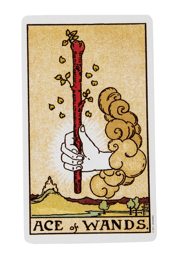 Ace of Wands from the Rider-Waite tarot deck, representing the suit of Wands and its link to passion, energy, and the fire element in the four tarot suits.
