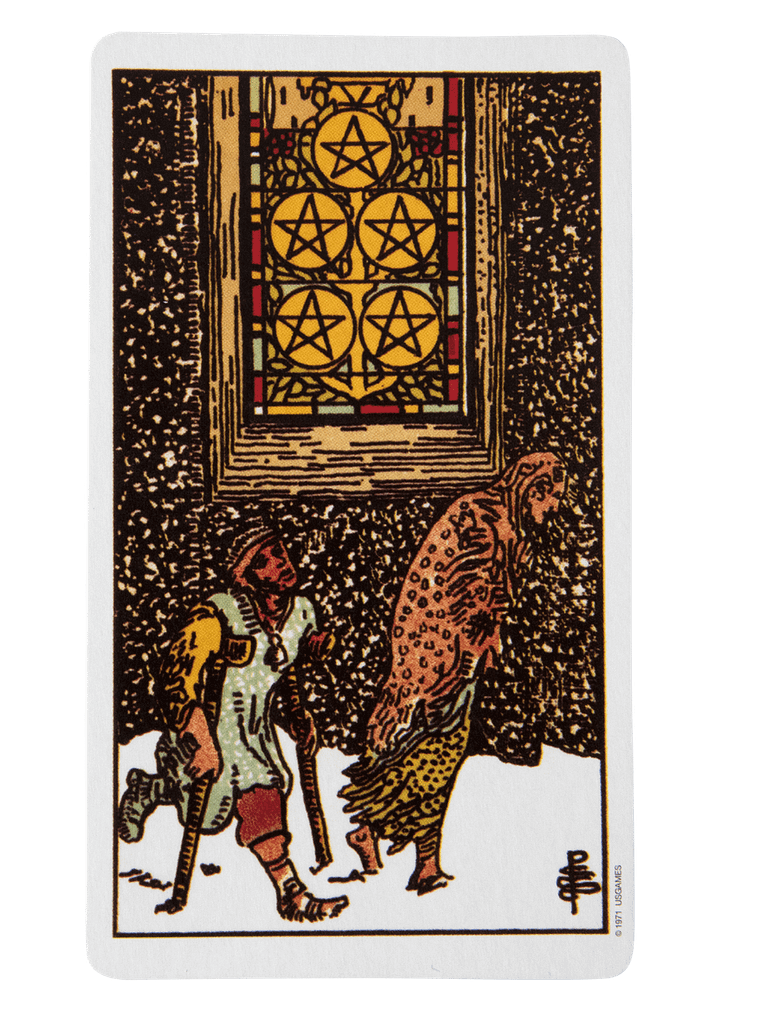 Five of Pentacles card, widely considered the worst tarot card to draw for financial or emotional hardship, showing figures in need outside a lit window.