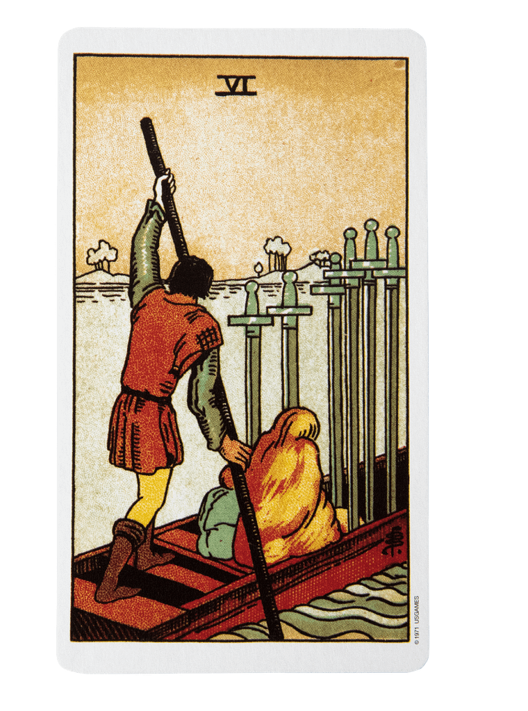 Six of Swords tarot card from the Rider-Waite-Smith tarot deck.
