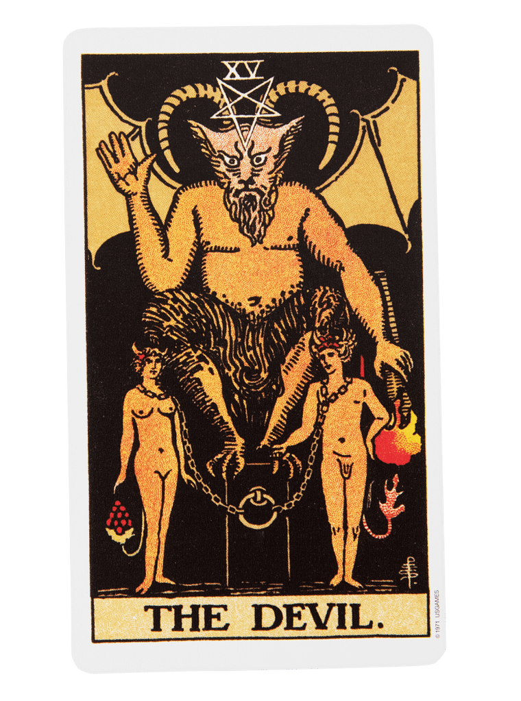 Image of The Devil, considered by many to be the worst tarot card for highlighting toxic habits, with a horned figure and chained humans symbolising illusory constraints.