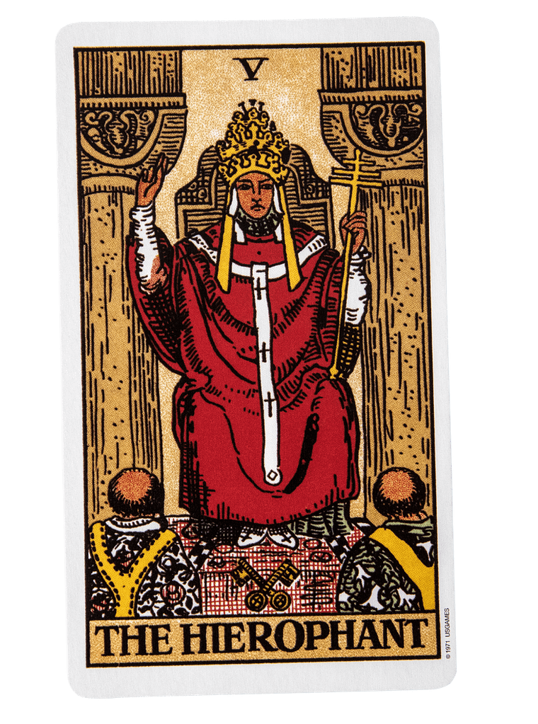 Depiction of The Hierophant, mistakenly viewed as the worst tarot card by those who dislike structure, showing a spiritual teacher emphasising tradition and external guidance.