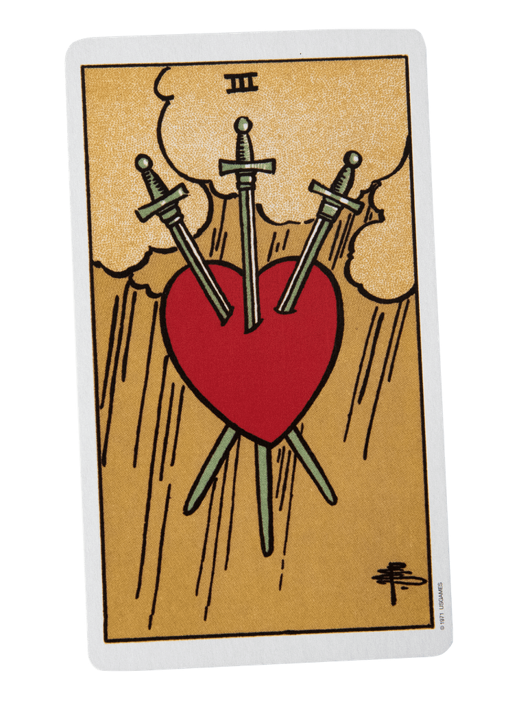 Three of Swords illustration, regarded by some as the worst tarot card for heartbreak, with three blades piercing a heart to symbolise emotional pain.