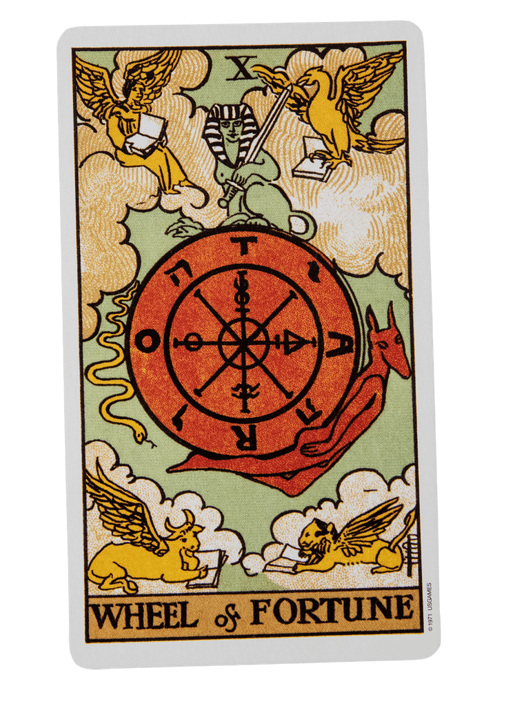Wheel of Fortune tarot card from the Rider-Waite-Smith tarot deck.