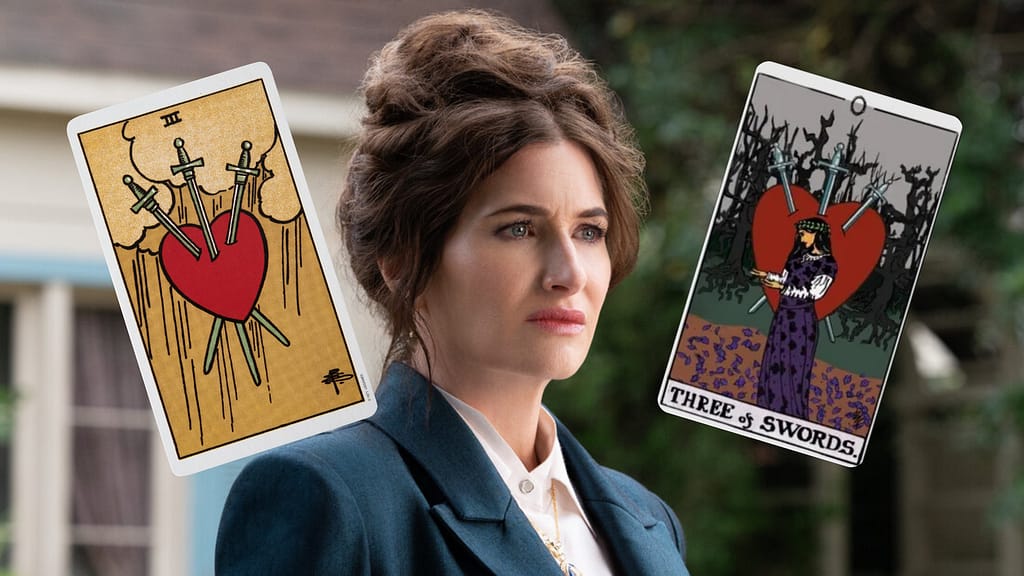 Image shows Agatha Harkness alongside the traditional Rider-Waite depiction of the Three of Swords and the version featured in Agatha All Along. Showing how tarot in Agatha All Along portrays themes of heartbreak, grief, and emotional healing.