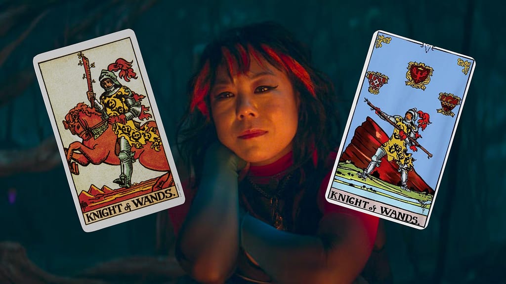 Image shows Alice Wu-Gulliver alongside the traditional Rider-Waite depiction of the Knight of Wands and the version featured in Agatha All Along. Showing how tarot in Agatha All Along uses the card to highlight bold ambition and fiery energy.