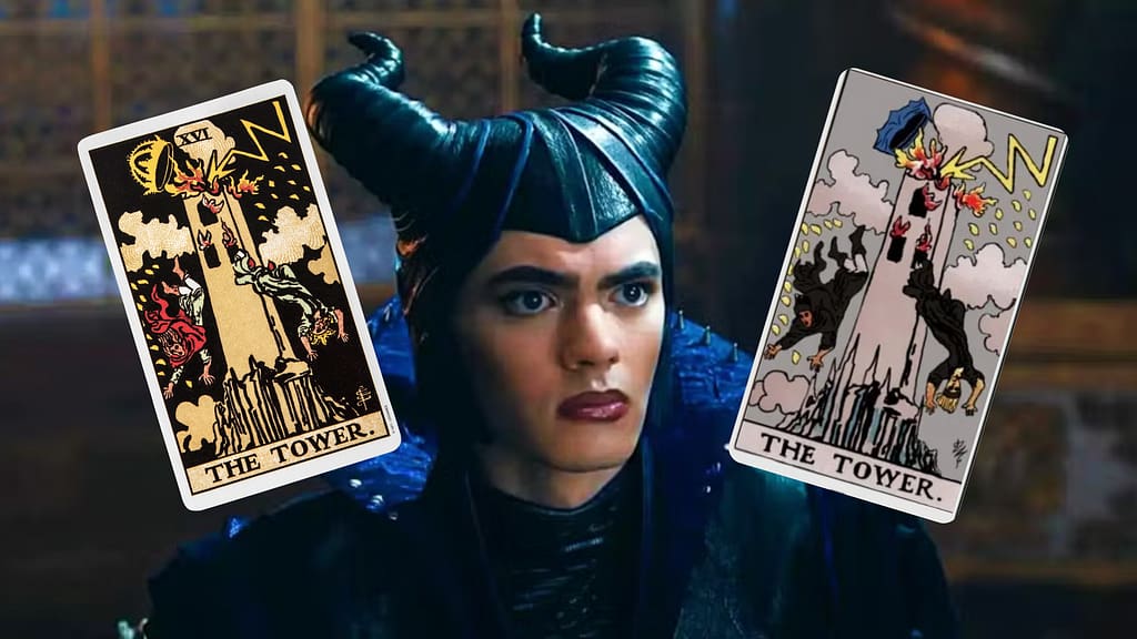 Image shows Billy Maximoff alongside the traditional Rider-Waite depiction of the Tower card and the version featured in Agatha All Along. Showing how tarot in Agatha All Along depicts the card’s themes of upheaval, destruction, and resilience.