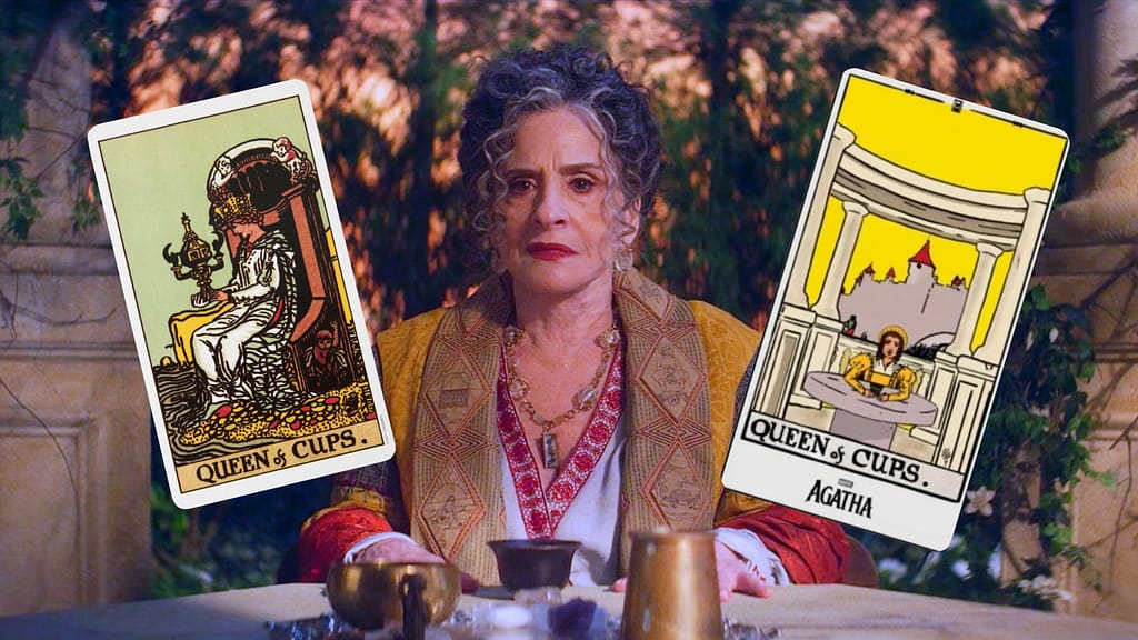 Image shows Lilia Calderu alongside the traditional Rider-Waite depiction of the Queen of Cups and the version featured in Agatha All Along. Showing how tarot in Agatha All Along illustrates themes of emotional insight and compassion through this card.