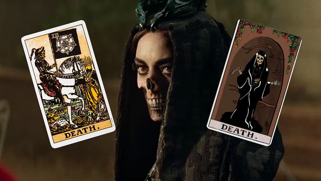 Image shows Rio Vidal alongside the traditional Rider-Waite depiction of the Death card and the version featured in Agatha All Along. Showing how tarot in Agatha All Along explores transformation, endings, and renewal through this card.