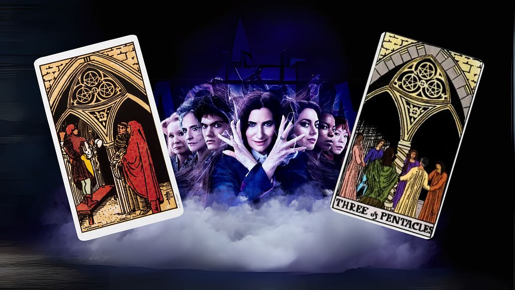 Image shows the Coven alongside the traditional Rider-Waite depiction of the Three of Pentacles and the version featured in Agatha All Along. Showing how tarot in Agatha All Along uses this card to represent teamwork and collaboration within the coven.