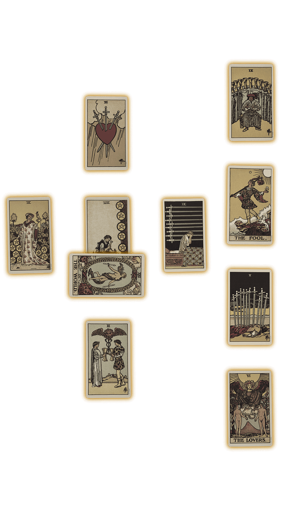Ten Tarot Cards in a Celtic Cross Spread, great tarot spread for beginners