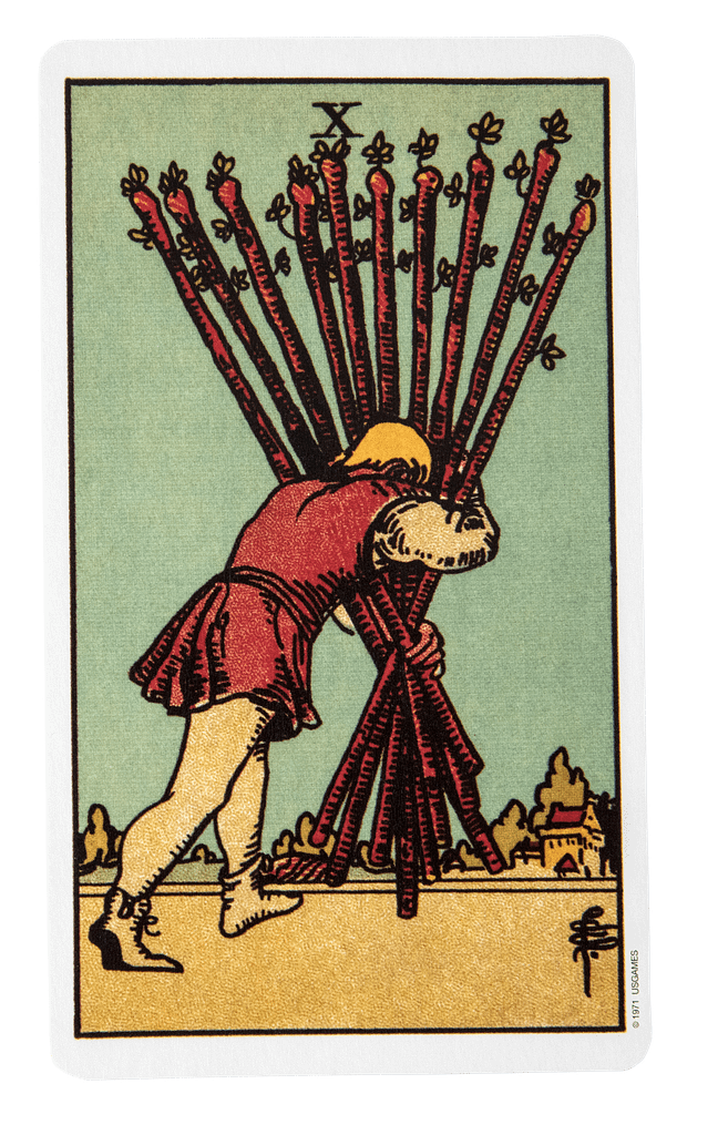 Ten of Wands depiction, seen as the worst tarot card for burnout, illustrating a person struggling to carry an overwhelming burden of wands.