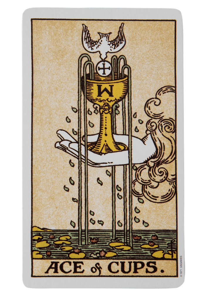 Ace of Cups card from the Rider-Waite tarot deck representing the suit of Cups, one of the four tarot suits linked to emotions and the element of water.