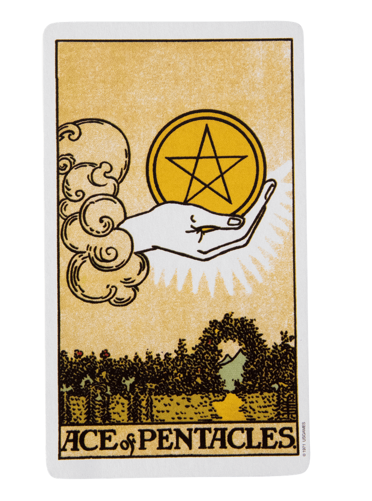 Ace of Pentacles from the Rider-Waite tarot deck, symbolising the suit of Pentacles and its association with the earth element, resources, money, and practical foundations in the four tarot suits.