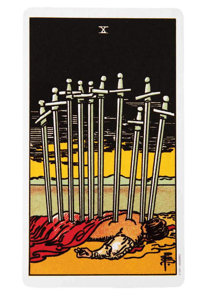 Ten of Swords scene, often cited as the worst tarot card for finality, showing a figure lying face-down with swords in their back, marking the end of a painful cycle.