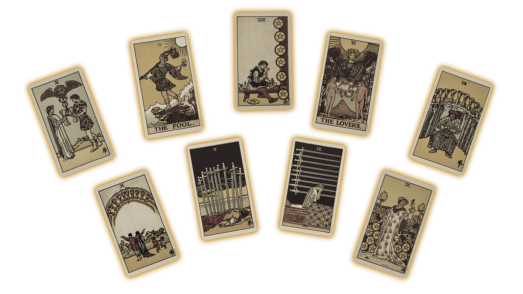 Eight tarot cards in a spread