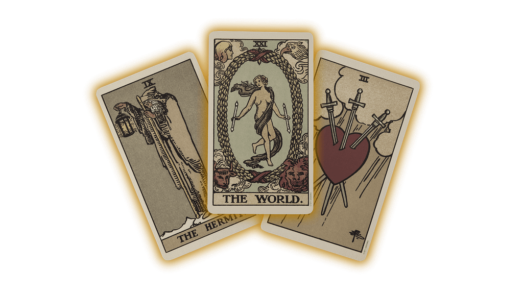 Three tarot cards in a fan