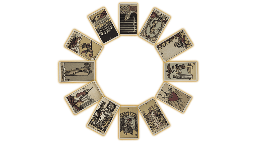 Twelve tarot cards in a circle