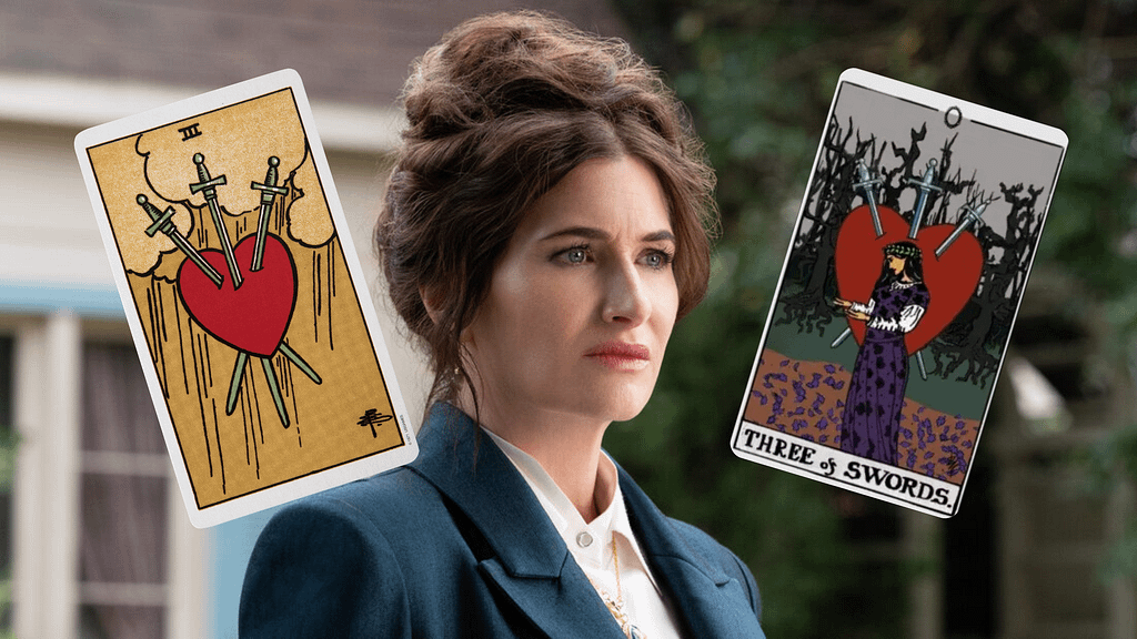 Tarot In Agatha All Along: 7 Cards Explained By A Tarot Pro Image shows agatha harkness alongside the traditional rider-waite depiction of the three of swords and the version featured in agatha all along. Showing how tarot in agatha all along portrays themes of heartbreak, grief, and emotional healing.