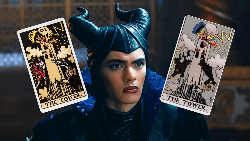 Tarot In Agatha All Along: 7 Cards Explained By A Tarot Pro Image shows billy maximoff alongside the traditional rider-waite depiction of the tower card and the version featured in agatha all along. Showing how tarot in agatha all along depicts the card’s themes of upheaval, destruction, and resilience.