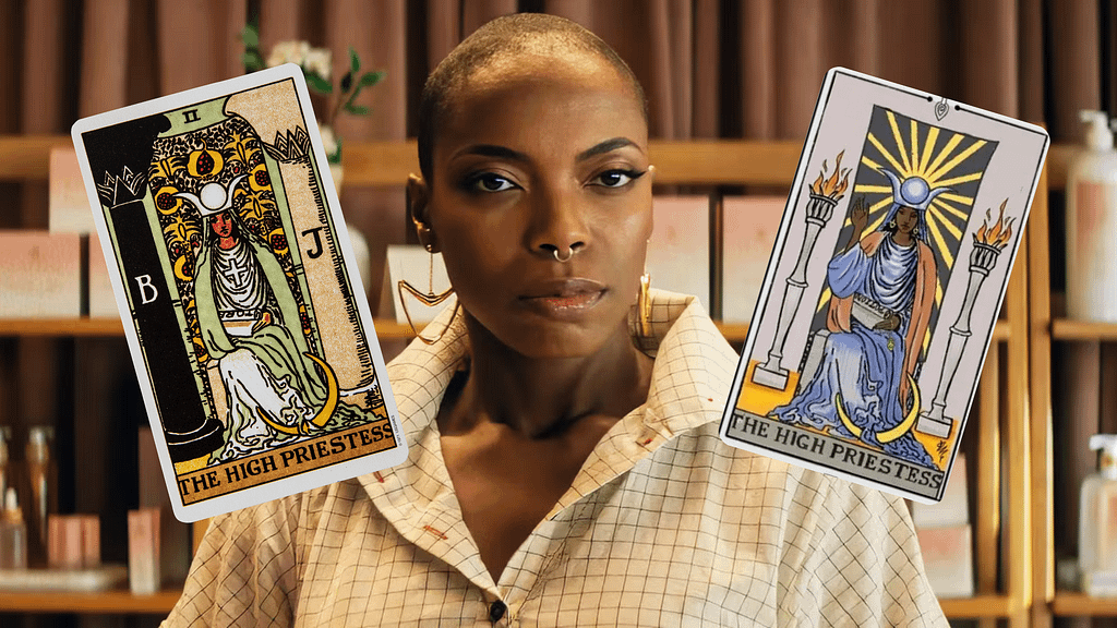 Tarot In Agatha All Along: 7 Cards Explained By A Tarot Pro Image shows jennifer kale alongside the traditional rider-waite depiction of the high priestess card and the version featured in agatha all along. Showing how tarot in agatha all along portrays the card’s focus on intuition, mystery, and spiritual wisdom.