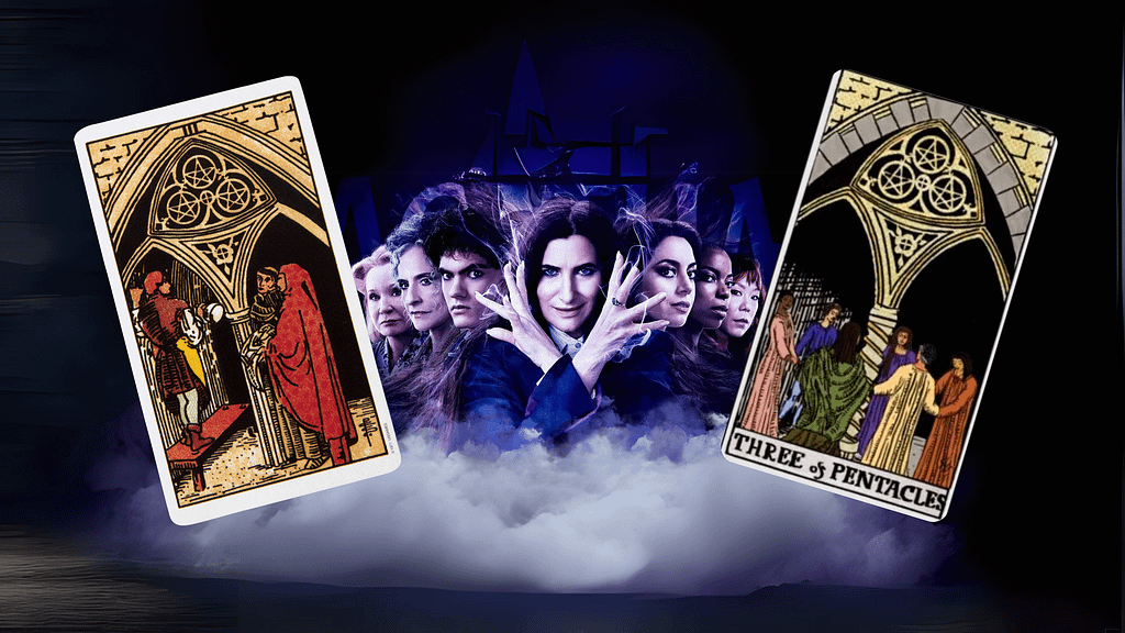 Tarot In Agatha All Along: 7 Cards Explained By A Tarot Pro Image shows the coven alongside the traditional rider-waite depiction of the three of pentacles and the version featured in agatha all along. Showing how tarot in agatha all along uses this card to represent teamwork and collaboration within the coven.