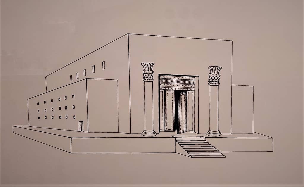What Do The B And J On The High Priestess Mean? 3 Line drawing of solomon’s temple with two prominent entrance pillars, boaz and jachin, shown flanking an ornate doorway.