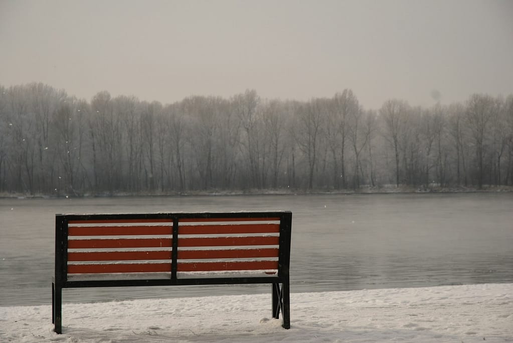 calm winter scene with a bench by a snowy lake that reflects the idea of slow down in December