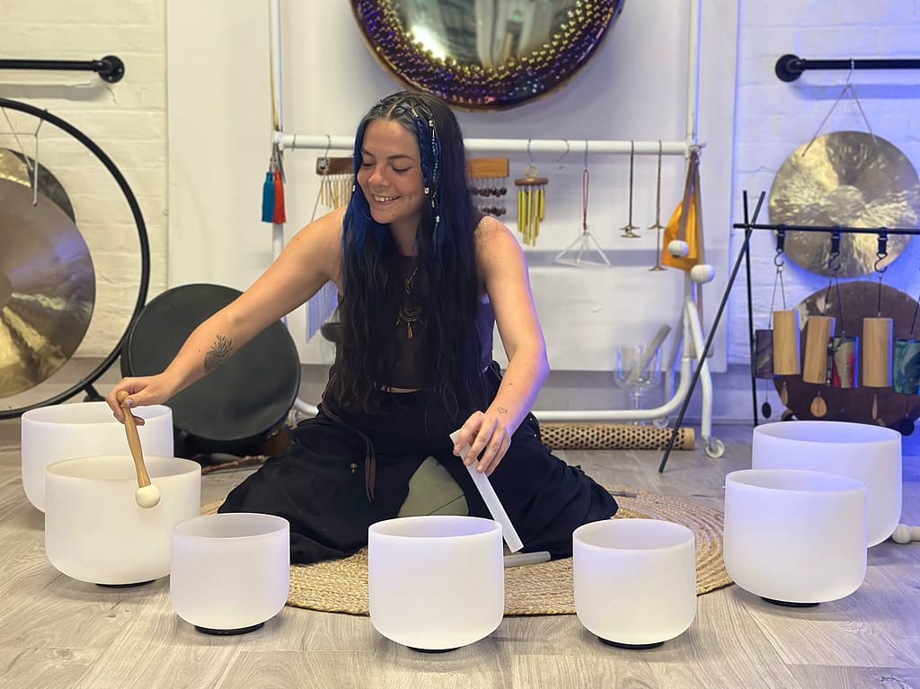 One of our therapists offering a sound bath in Eccles