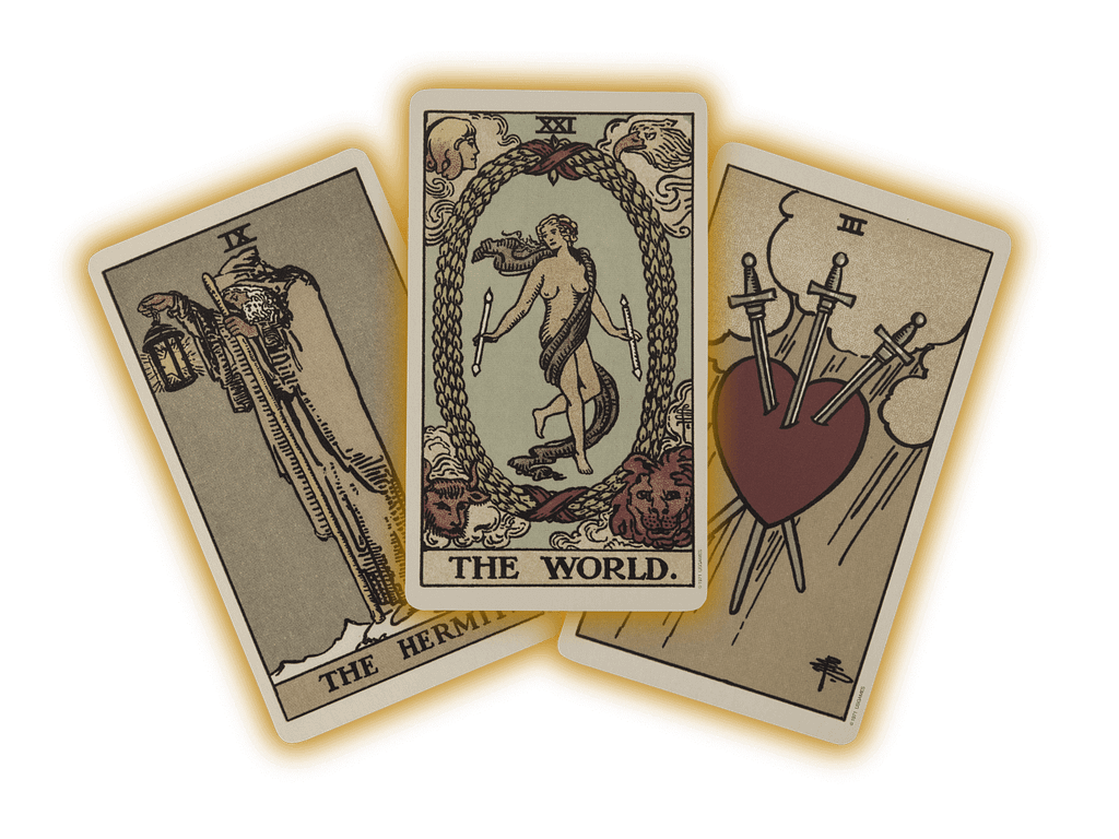 Free Tarot Readings Online, One Card Or Three Card Spreads 1 Three tarot cards in a fan, ideal for free tarot readings.