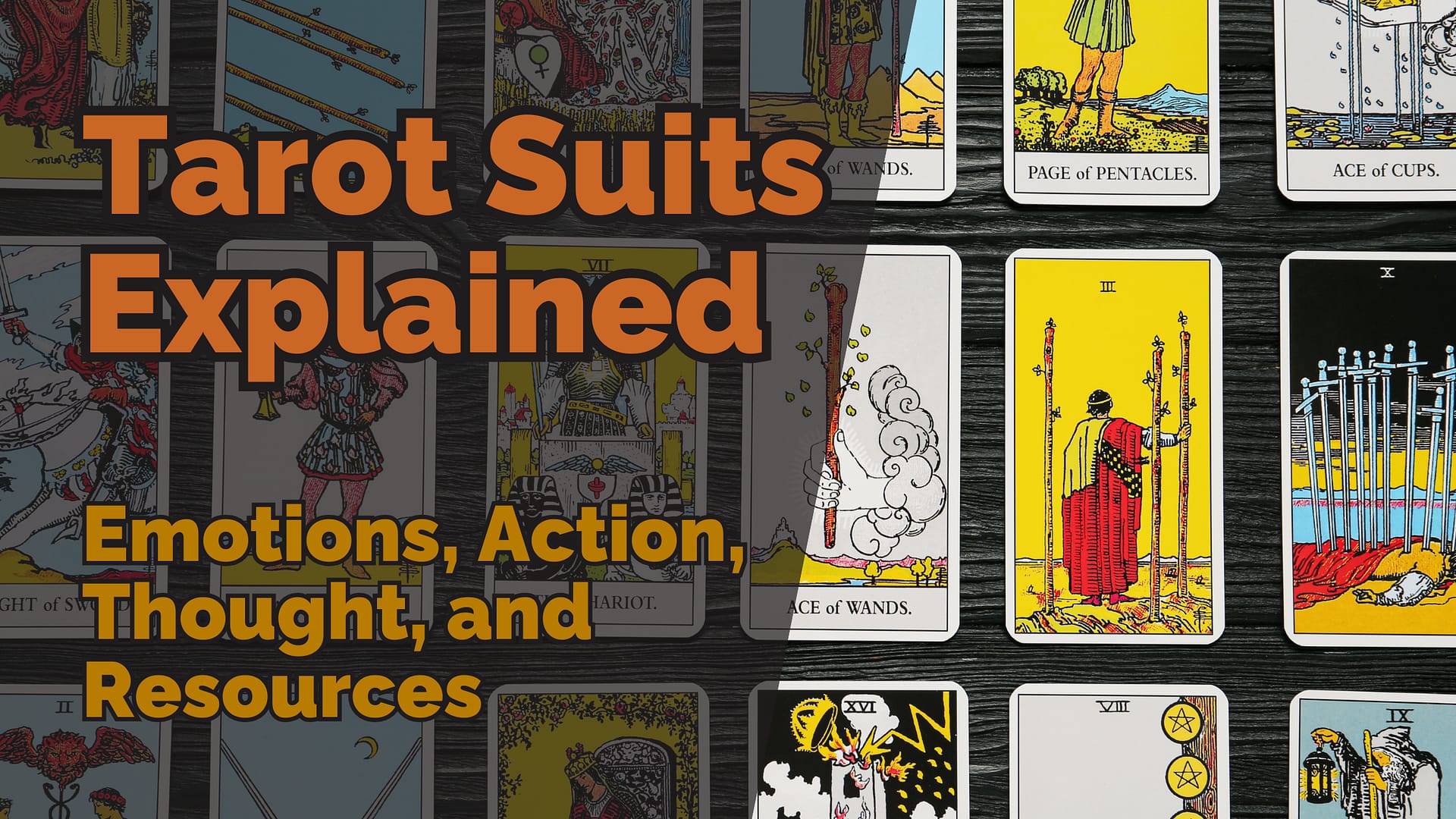 Tarot cards from the rider-waite deck arranged on a dark wooden surface, with bold orange and yellow text overlay reading: ‘tarot suits explained – emotions, action, thought, and resources’