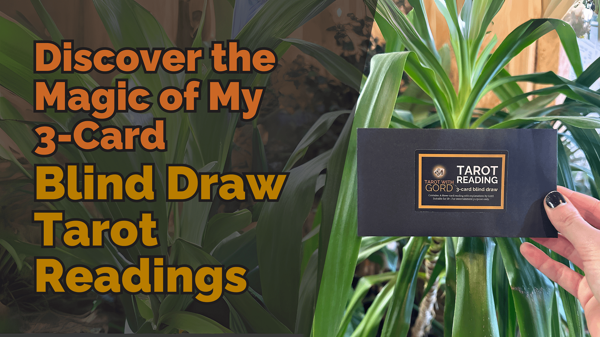 Black envelope labelled ‘tarot reading - 3-card blind draw’ held in front of lush green plants, with the text ‘discover the magic of my 3-card blind draw tarot readings’ displayed in bold orange and yellow letters.