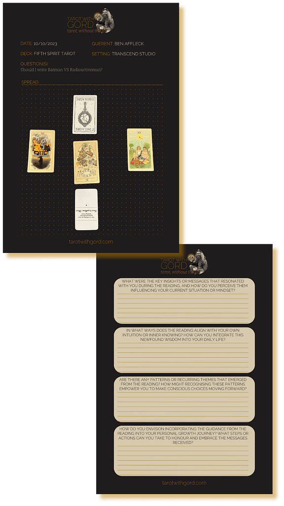 Example reflection journal used within the month ahead tarot reading