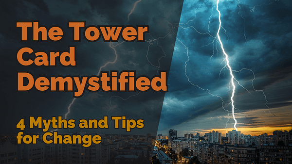A dramatic city skyline under a stormy sky with a lightning bolt striking, symbolising chaos and transformation, reflecting the tower card demystified.