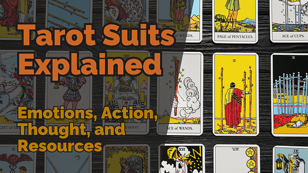 Tarot cards from the rider-waite deck arranged on a dark wooden surface, with bold orange and yellow text overlay reading: ‘tarot suits explained – emotions, action, thought, and resources’