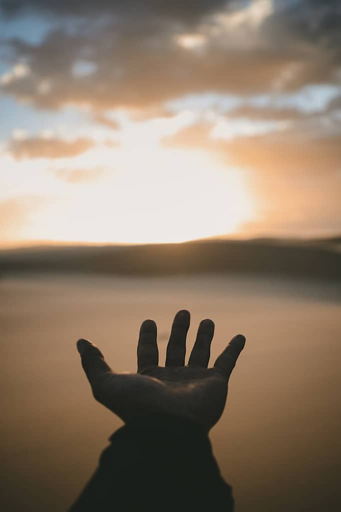 Outstretched hand reaching toward the sunrise, symbolising spiritual work, energy exchange, and the value of intentional paid guidance