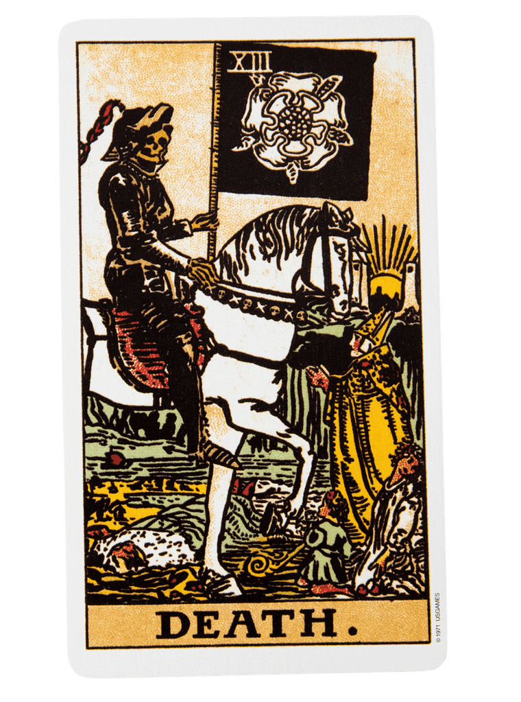 Artwork of death, sometimes feared as the worst tarot card due to misconceptions, depicting a skeletal figure on horseback representing transformation and new beginnings.