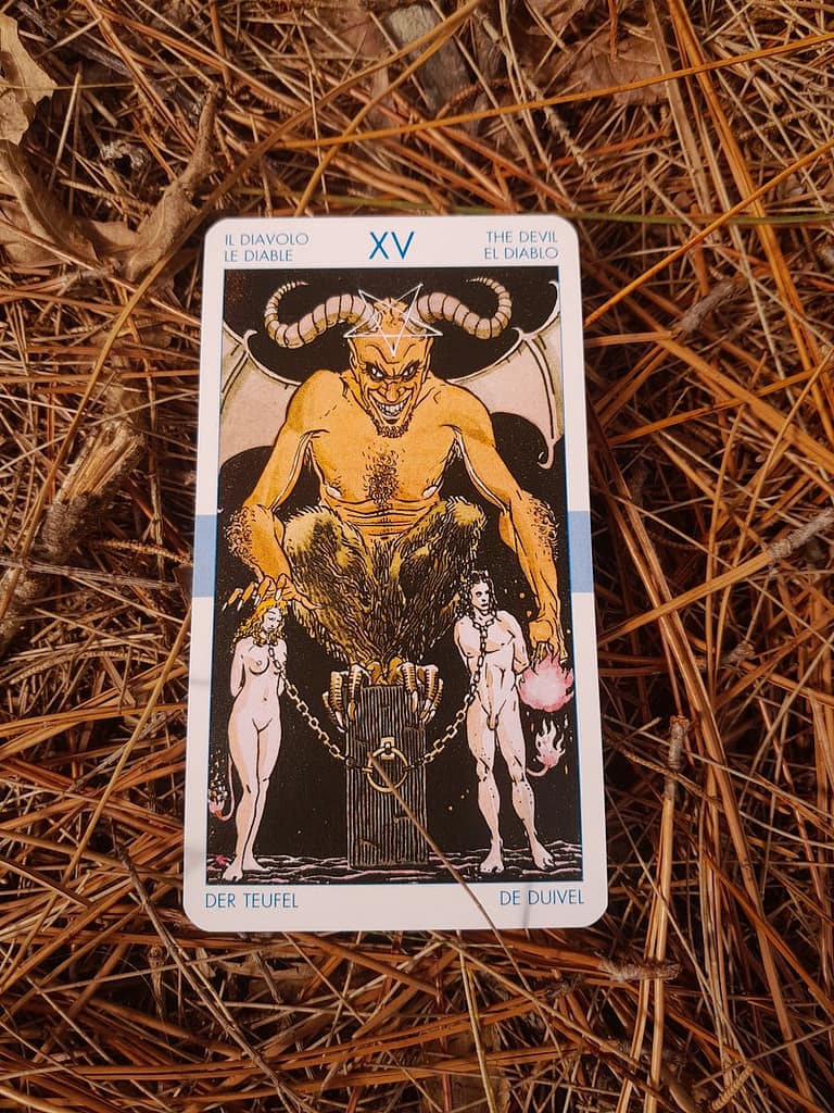 Is Tarot Evil? What The Bible Says About Tarot Cards The devil tarot card placed on dried pine needles, showing intricate artwork.