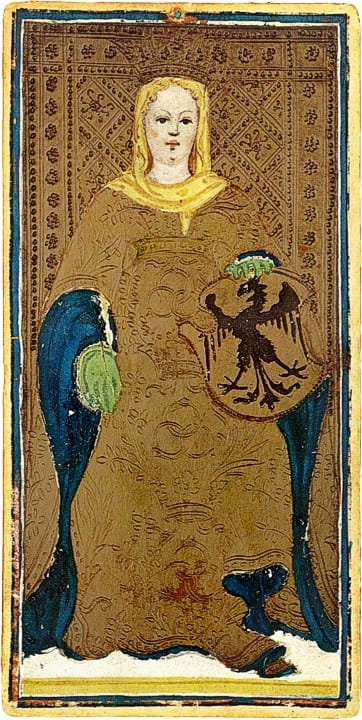 The Visconti-Sforza Tarot: The First Tarot Deck 4 The empress card from the visconti-sforza tarot, part of the oldest tarot deck in history, showing ornate medieval artwork that shaped the origin of tarot cards.